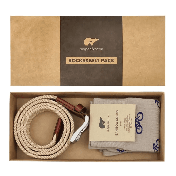 Cadeauverpakking John 105cm riem en sokken Zandkleur en Blauw Fietsen 42-46