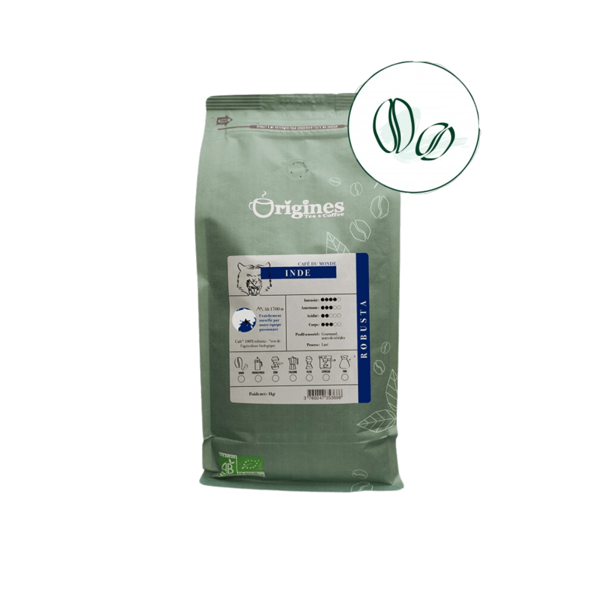 Café Inde BIO - Pur Robusta - Grains 1kg